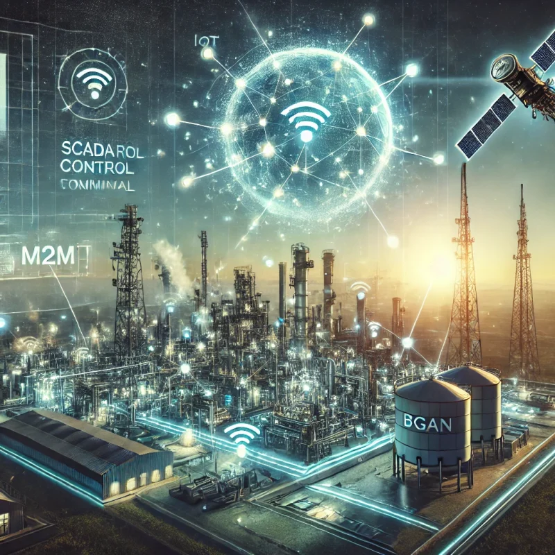 DALL·E 2025-01-27 15.16.42 - A futuristic depiction of IoT and satellite communication featuring a rugged BGAN M2M terminal. The terminal is placed in a remote industrial setting,