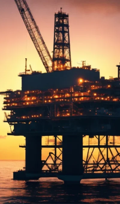 Oil platform on the ocean during the sunset