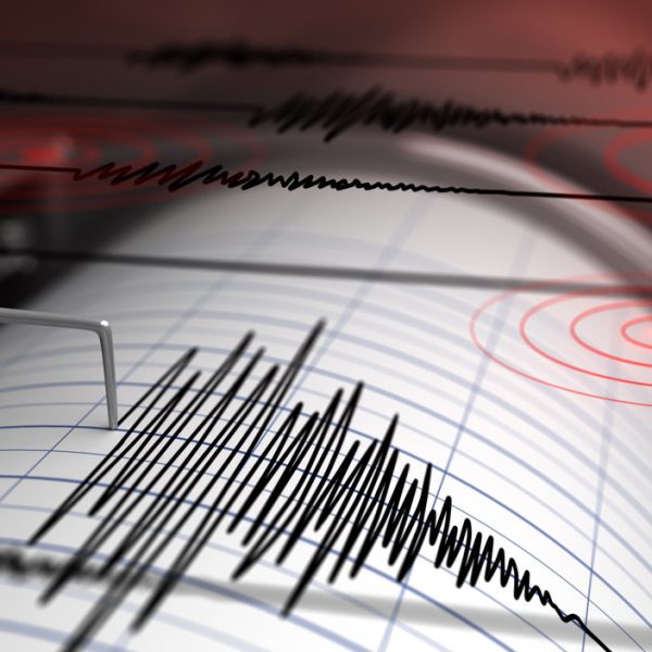 Seismograph with paper in action and earthquake - 3D Rendering